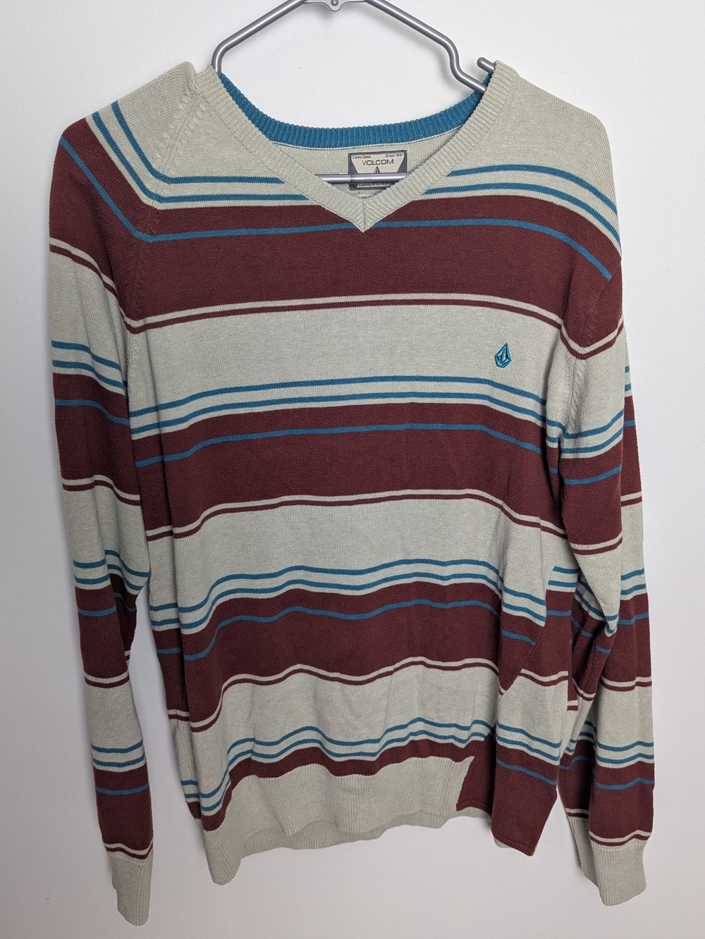 Volcom Men’s V-Neck Striped Sweater - Beige, Maroon & Blue
